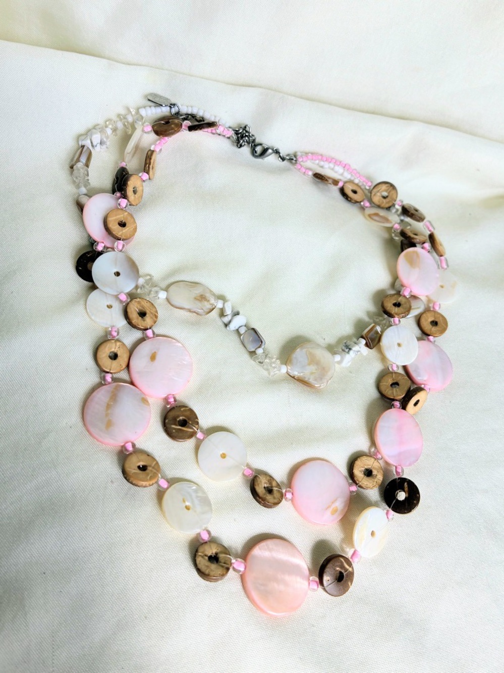 Pink Mother-of-Pearl & Wood Button Triple-Strand Necklace